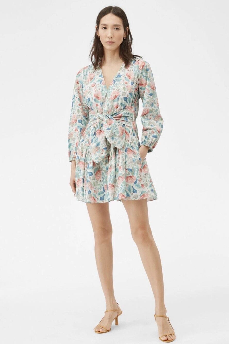 La Vie Rebecca Taylor Blue Pink Floral Paint Garden Cotton Dress Tiered Sz M